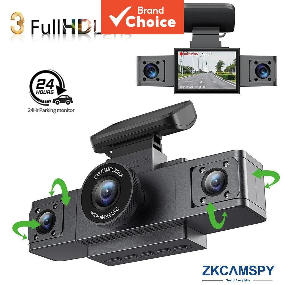 Dash Cam 1080p 3 Canais Com Três Lentes Dvr Vista Traseira 24h Monitor De Estacionamento Acessórios Para Câmera De Carro