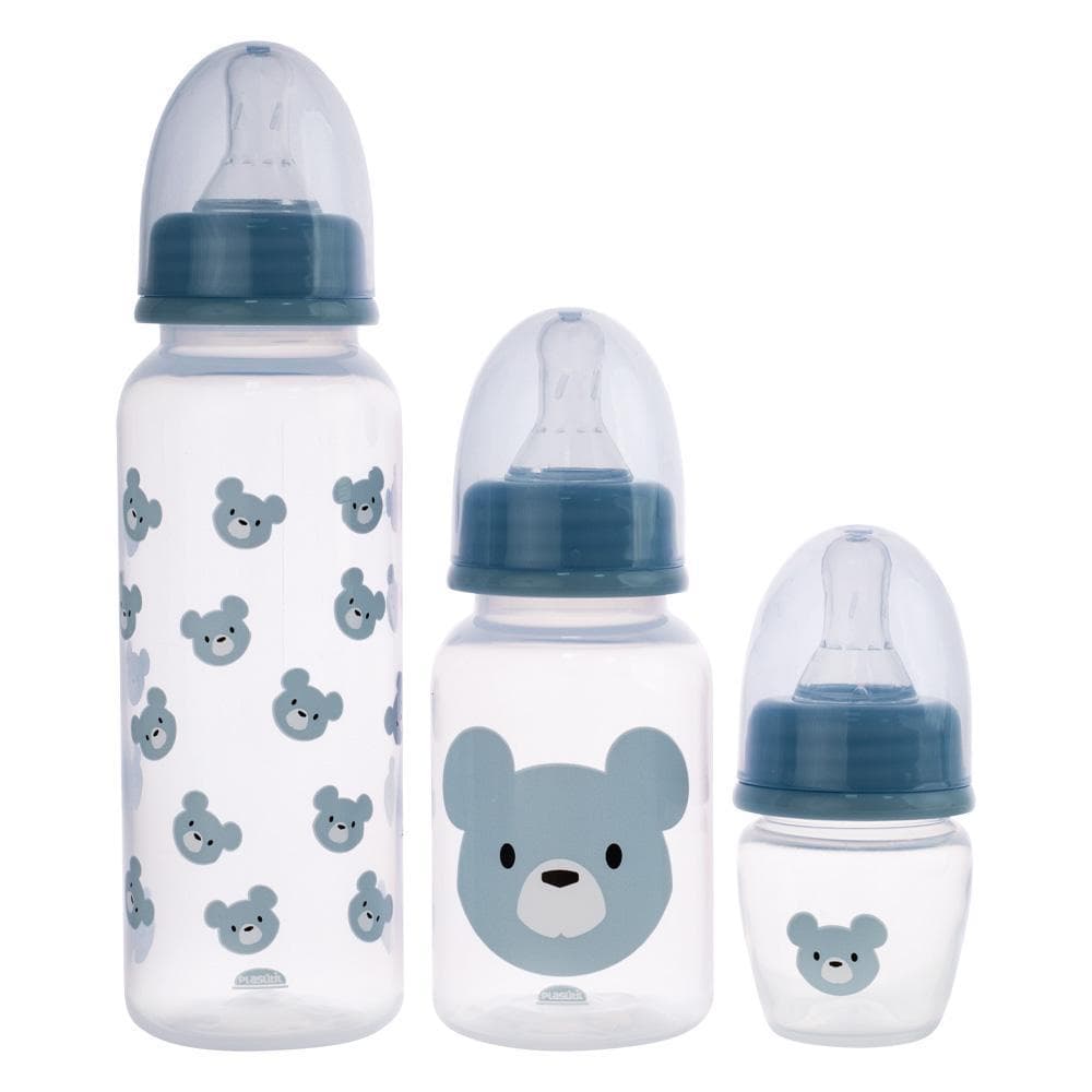 Kit 3 Mamadeira Anticólica Urso Azul Padrão 40, 150 e 250 ml Menino Bebê Plasútil