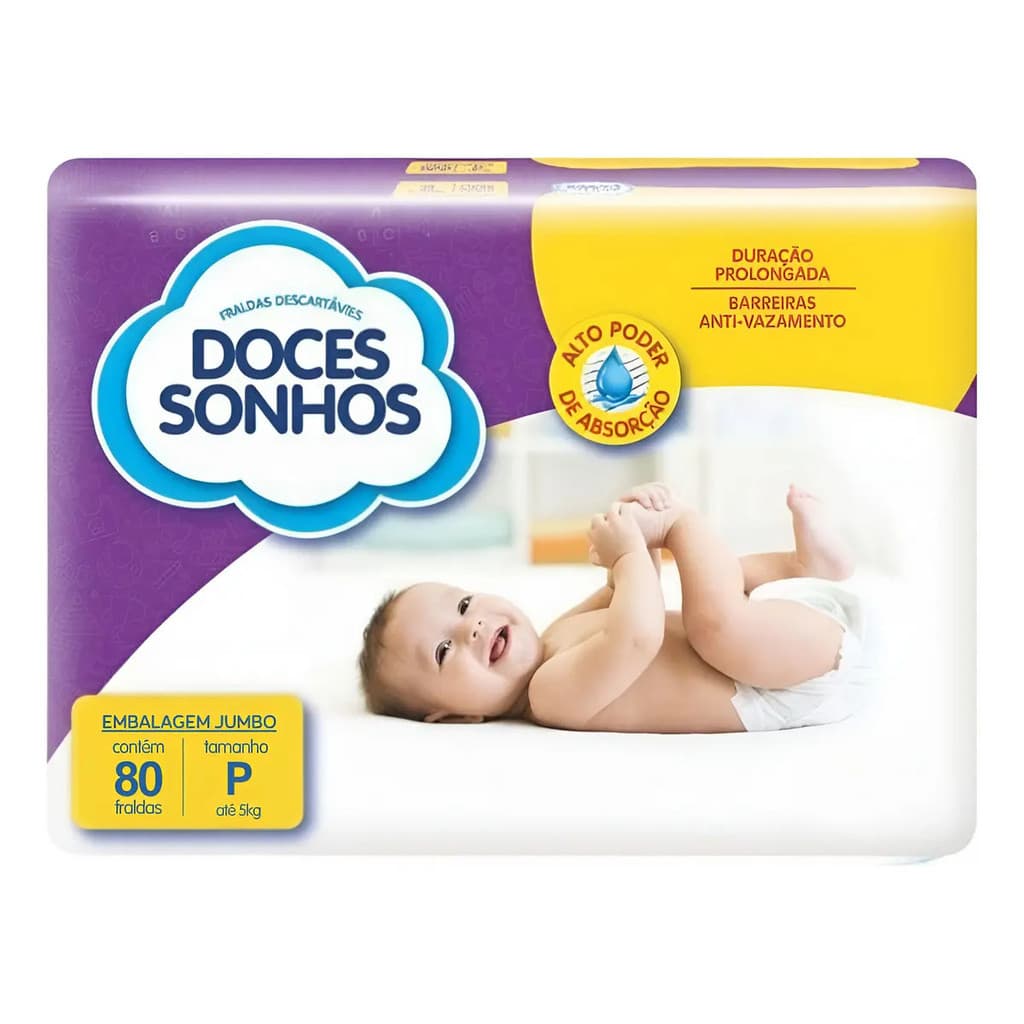 Fralda Descartável Infantil Doces Sonhos P 80 Unidades - Super Absorção 10h Antivazamento - Últimas Unidades!