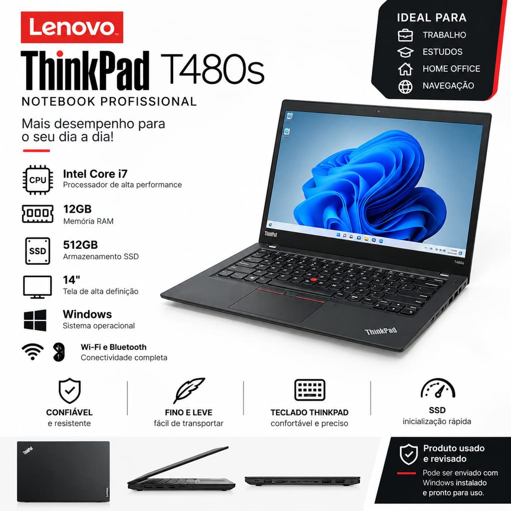 Notebook Lenovo ThinkPad T480s Tela 14" Full HD Intel Core i7 8GB SSD 512GB (Recondicionado)