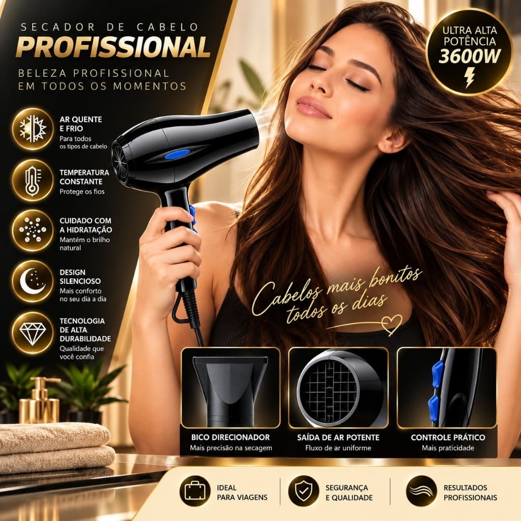 Secador de Cabelo Profissional 3600W Ar Quente e Frio 120V Alta Potência para Todos os Tipos de Cabelo