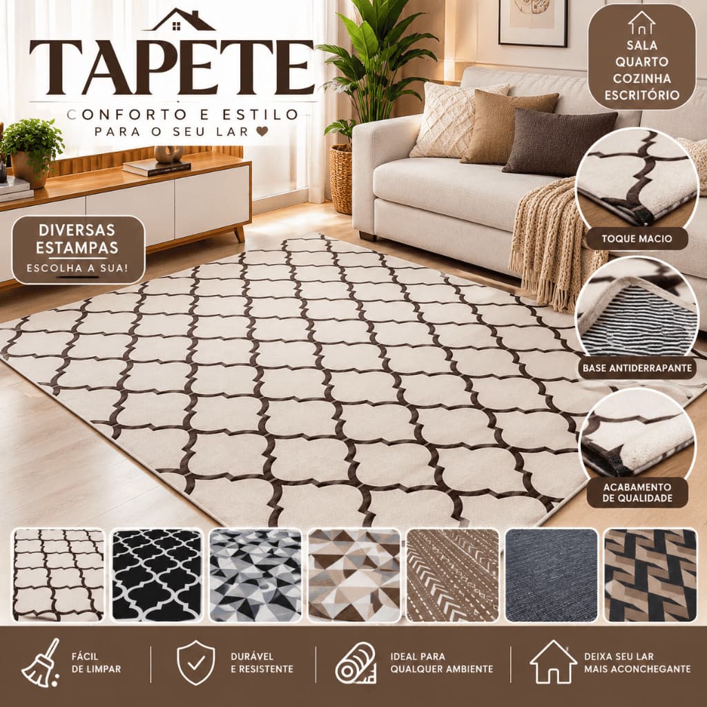 Tapete Para Sala Grande 2,00x1,40 Jacquard Geométrico Antiderrapante Super Promoção