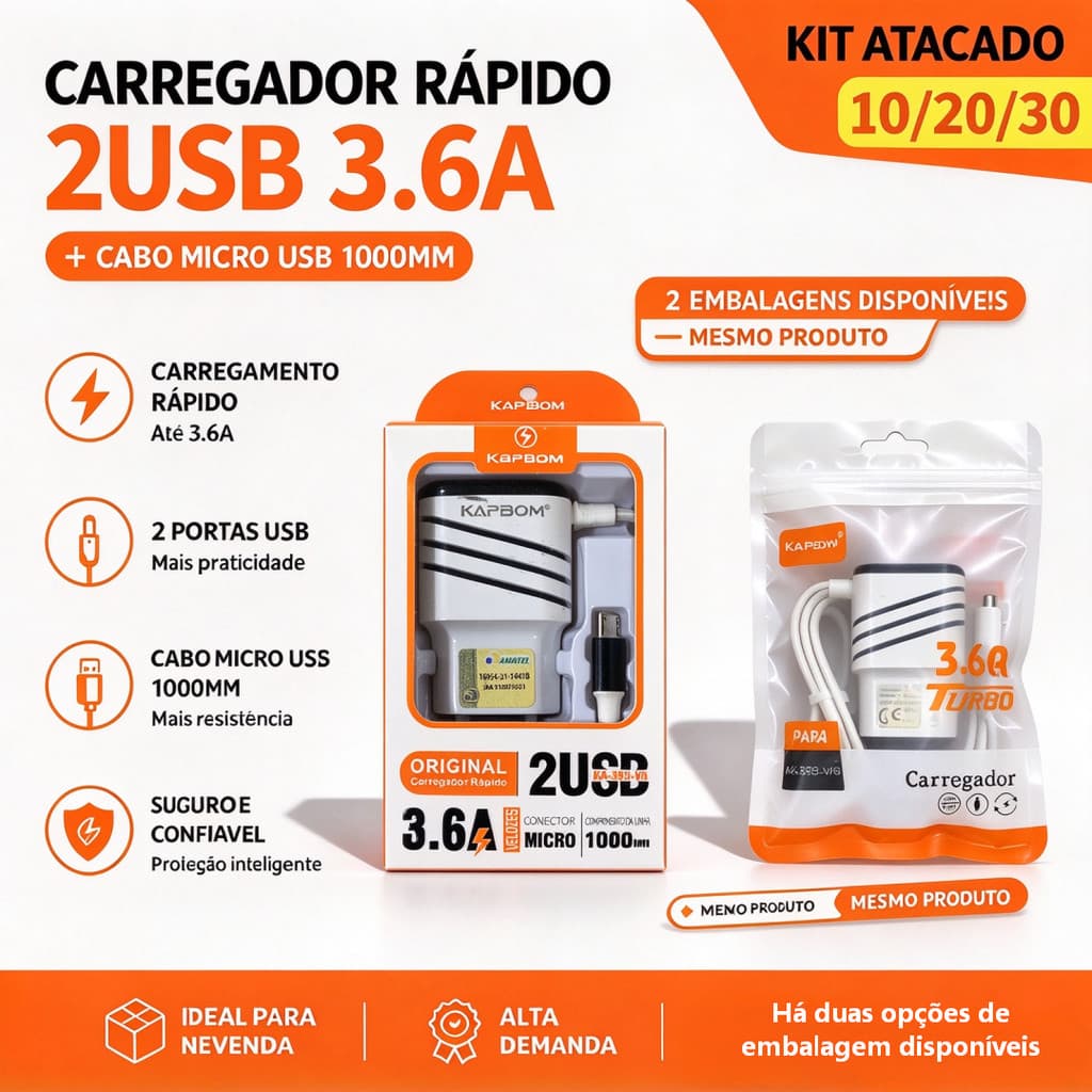 Atacado Profissional  Carregador Smart 2 USB Cabo V8 Embutido 3.6A | Bivolt Rápido 80cm | Celular Tablet Fone