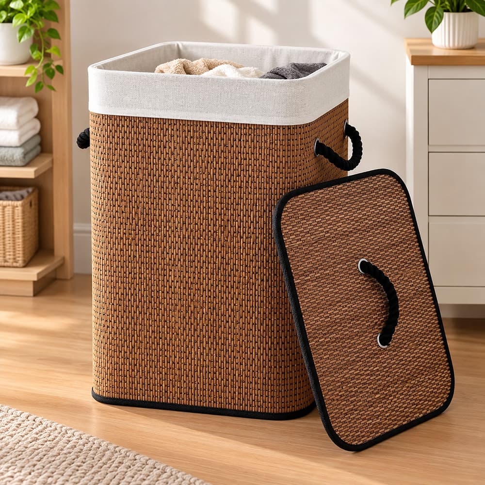 Cesto de Roupa Suja em Bambu 85L Dobrável, com Tampa e Alças, Organizador Multiuso para Quarto, Banheiro e Lavanderia