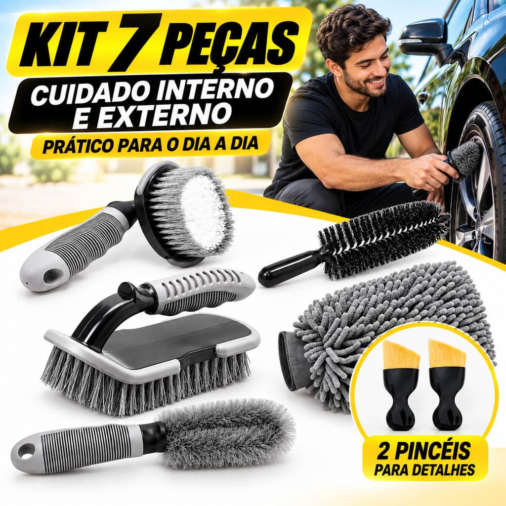 Kit de Limpeza Automotiva 7 Peças com Panos e Escovas para Lavagem de Carro e 2 Pincéis de Detalhamento Interno
