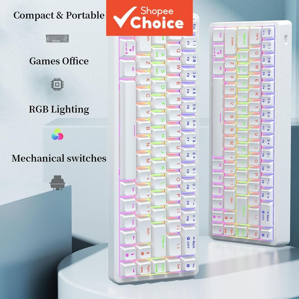 Teclado Mecânico para Jogos Teclado Ergonômico com Fio 68 Teclas Branco Interruptor Vermelho RGB Retroiluminado Compacto