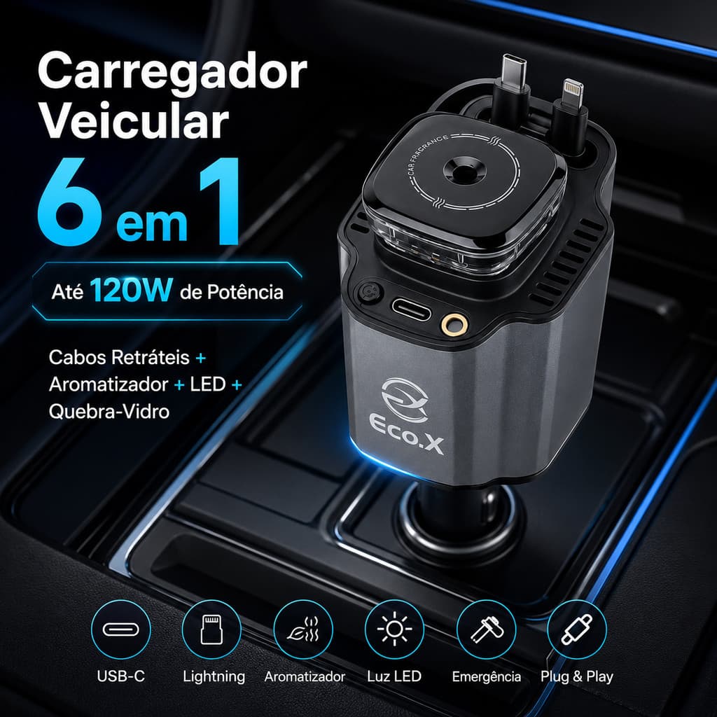 Carregador Veicular 6 Em 1 120W Com USB C Cabos Retráteis Aromatizador E Quebra Vidro