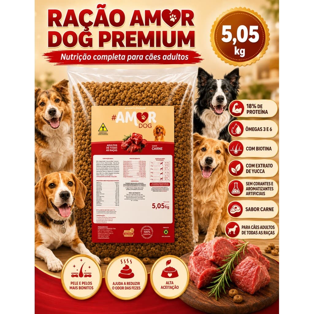 Ração Cachorro Premium 5kg Amor Dog Carne 18% Proteina Adulto Todas Raças