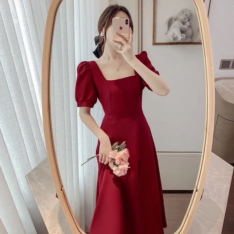 Hepburn estilo gordura mm vestido feminino vestido de verão mangas bufantes Plus Size feminino pescoço quadrado cintura 