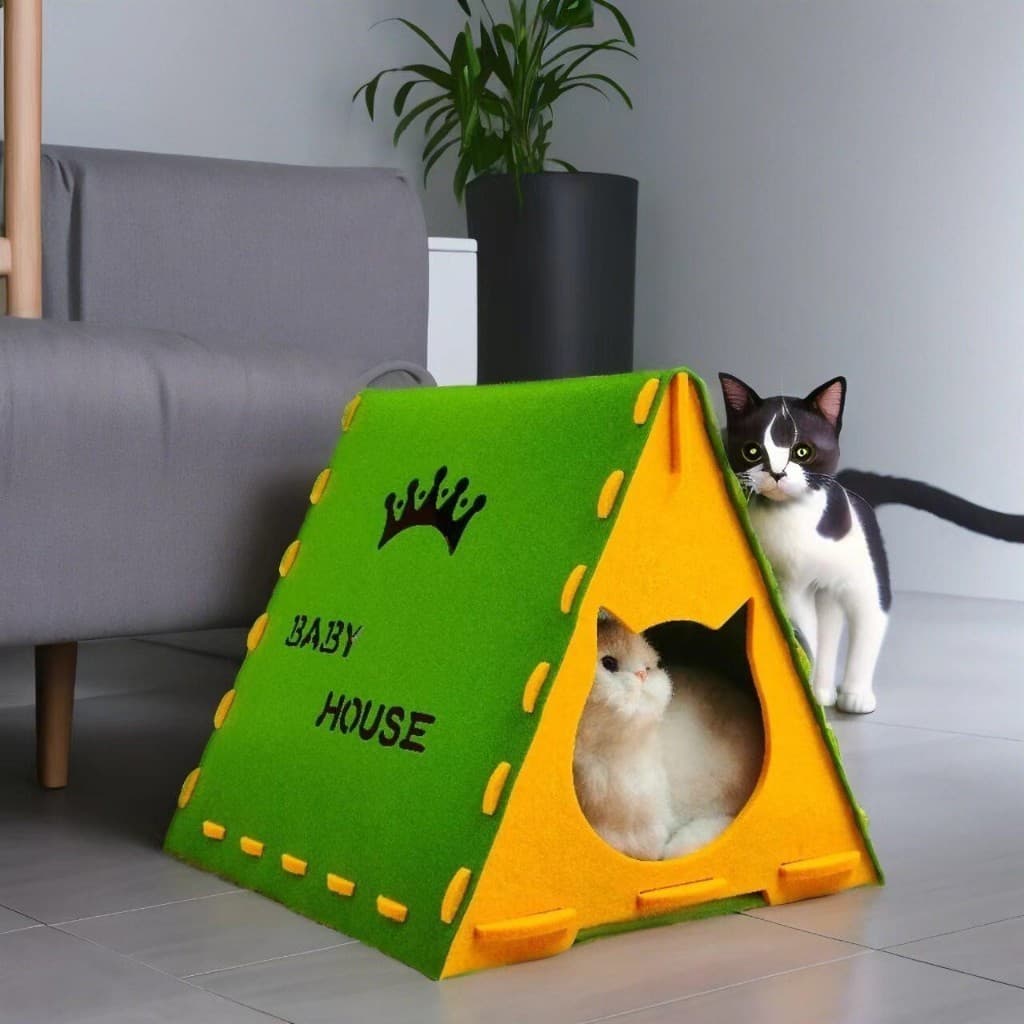 Casinha triangular de feltro multifuncional para gatos, abrigo aconchegante, arranhador e túnel de diversão para seu pet