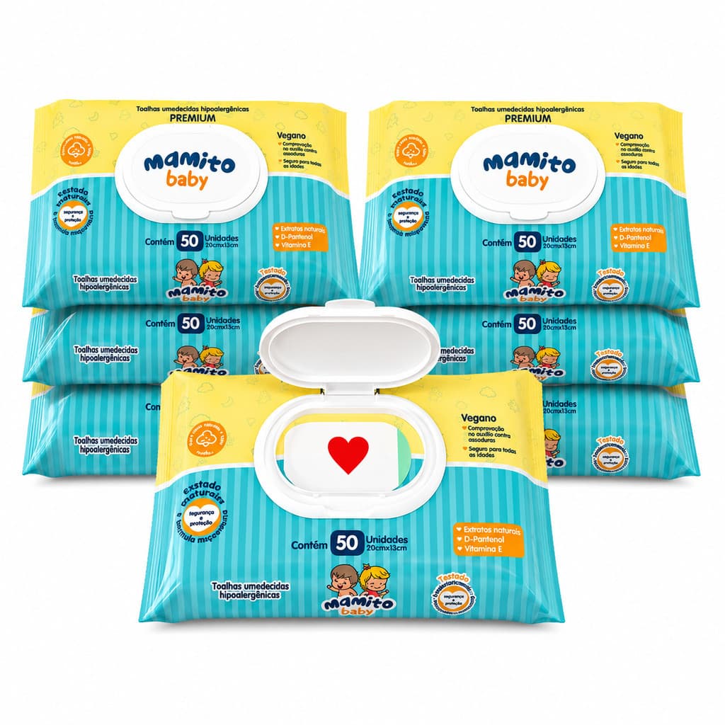 Kit 7 Lenços Umedecidos Mamito Baby Premium 50 Folhas Tampa Flip Top Hipoalergênico Bebê