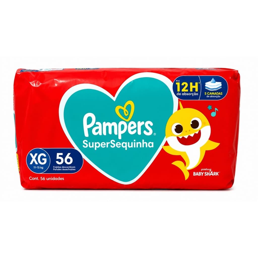 Fralda Pampers Supersequinha Baby Shark XG 56 Unidades