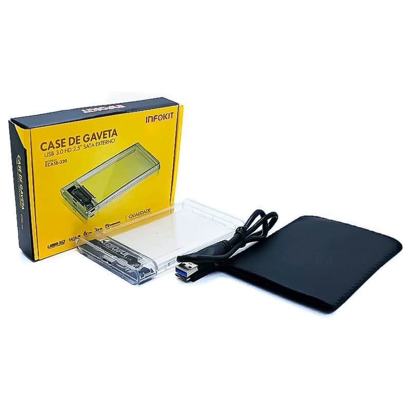 Case Gaveta Externa HD SSD 2.5 USB 3.0 Transparente C/ Capa Protetora