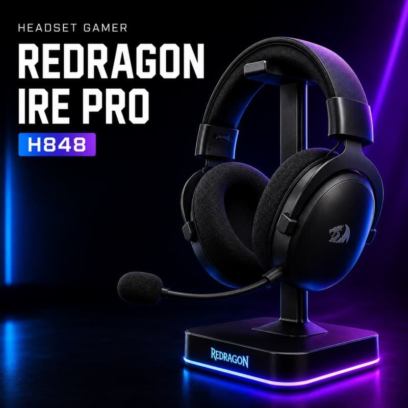 Headset Gamer Redragon Ire Pro H848 Sem Fio 2.4GHz Bluetooth Cabo Driver 40mm Microfone PC PS5 Notebook Celular Preto