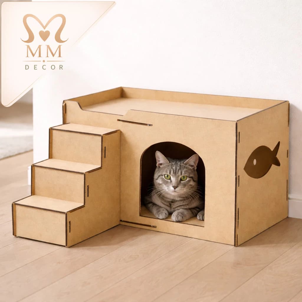 Toca para Gato em MDF Cru com Escada e Cama Casinha Pet para Descanso e Diversão