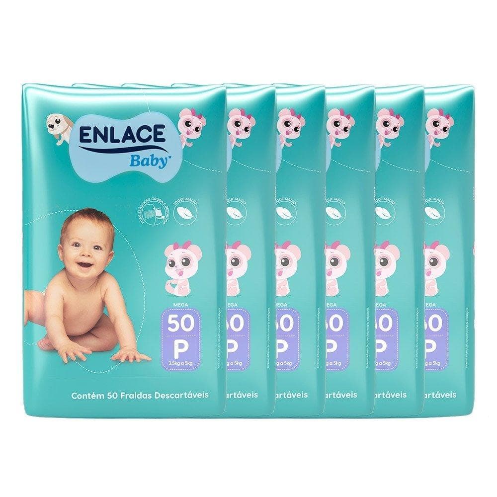 Fralda Descartável Enlace Baby Mega Tamanho P - 6 Pacotes com 50 Fraldas - Total 300 Tiras