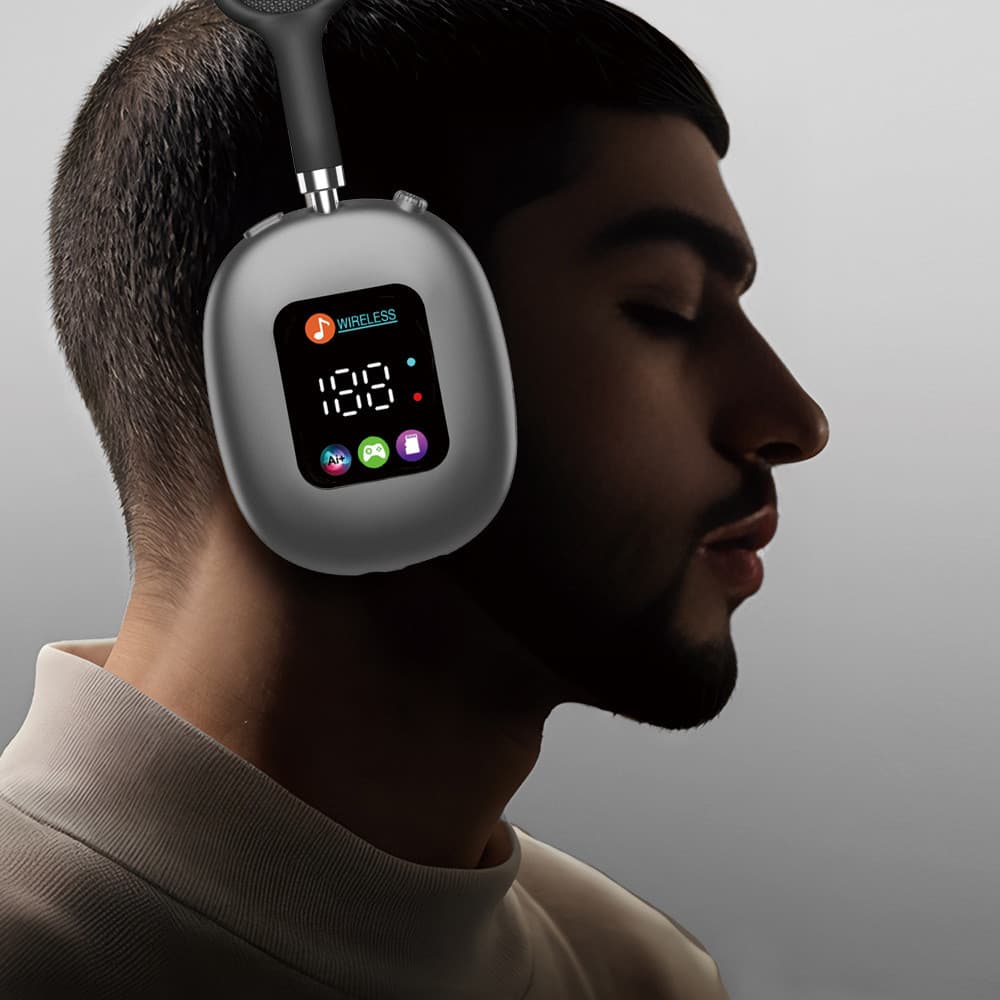 Fone de ouvido Bluetooth sem fio, fone de ouvido over‑ear, fone com tela digital RGB, leitor de cartão e microfone
