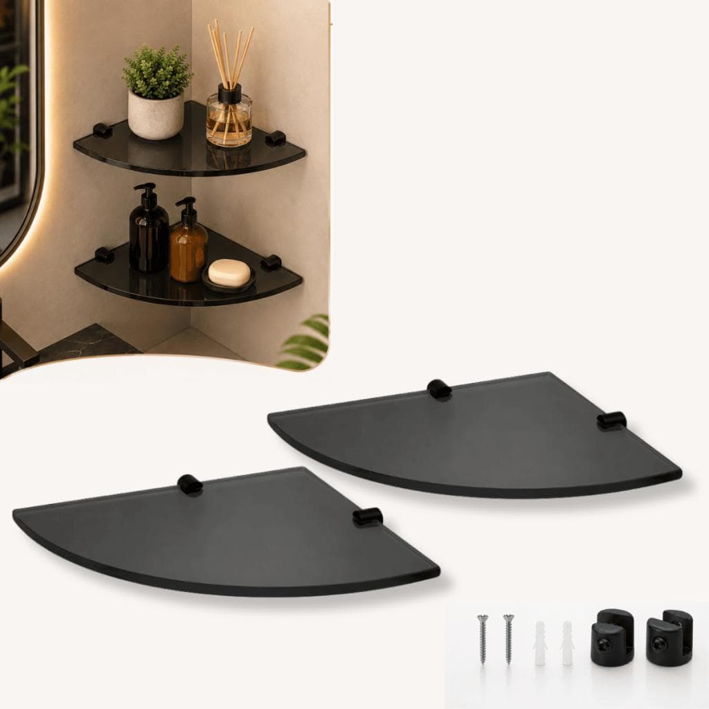 Kit 02 Prateleiras de Parede em Vidro Fumê com Suportes Pretos 20x20cm