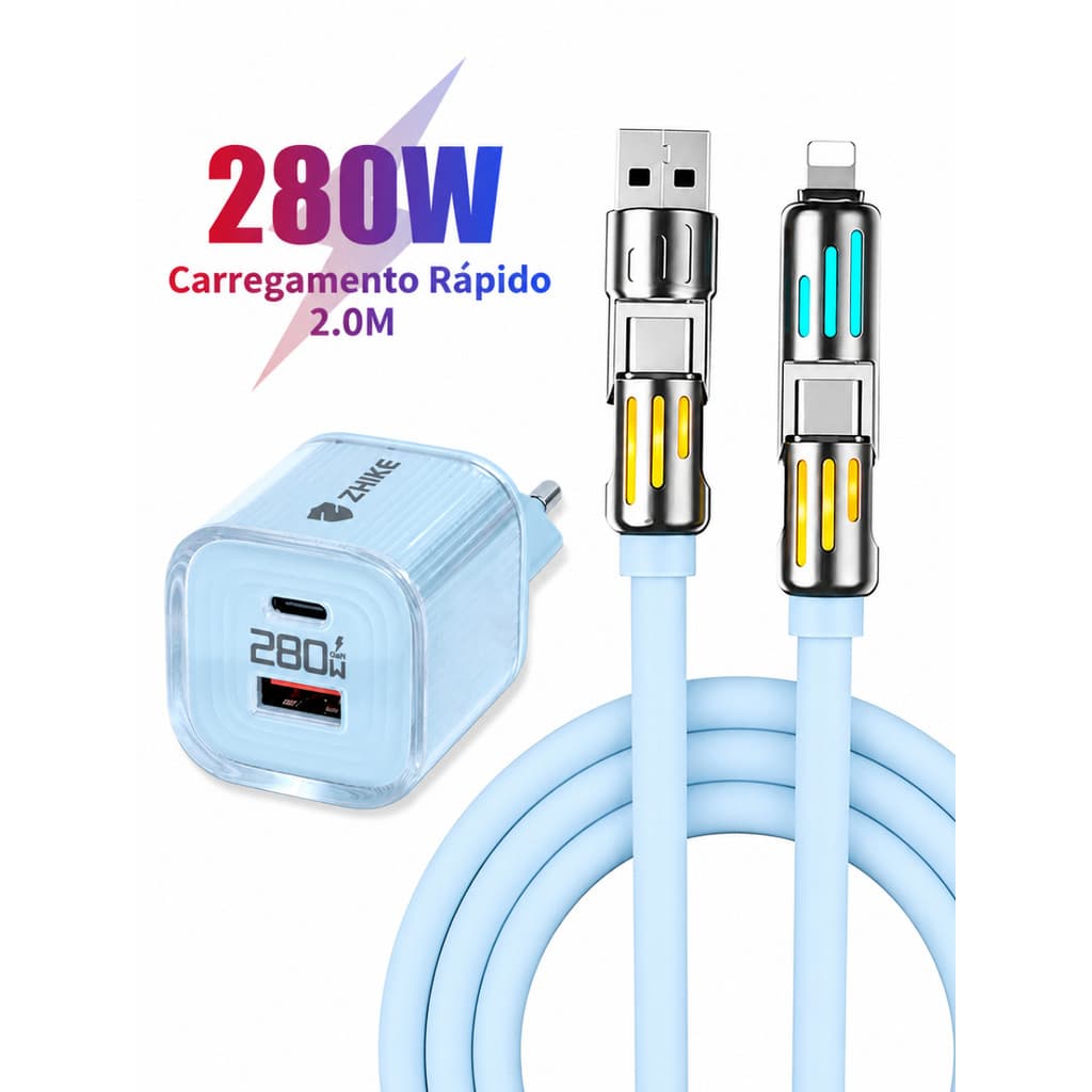 ZHIKE Original Kit Carregador 280W Cabo Celular Tablet Carregamento Rápido GaN 4 em 1 USB Tipo C iP 2,0M Silicone Dados