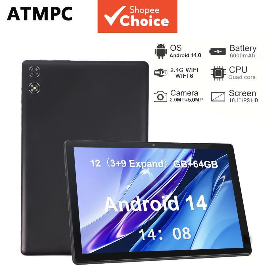 Tablet ATMPC 10 polegadas para crianças, Android, sistema 14, 12 GB de RAM (3 GB + 9 GB expansíveis) + 64 GB de ROM,