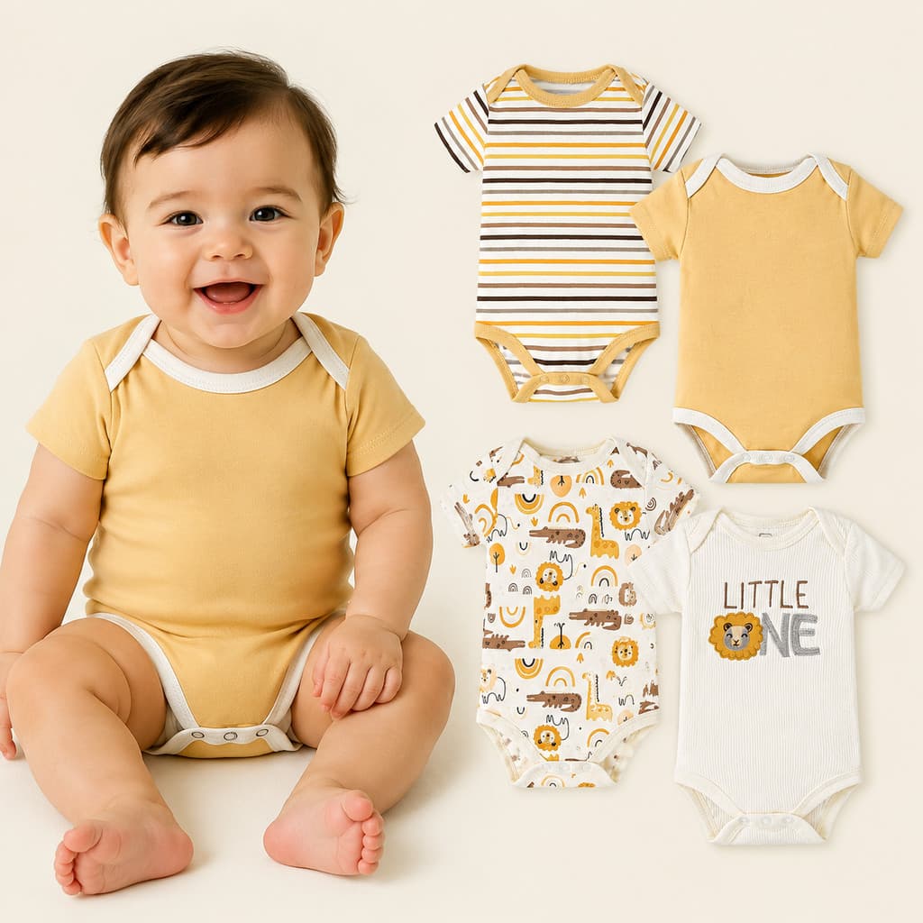 Kit Body Bebê 4 Peças 100% Algodão Bodies Manga Curta Roupa Infantil Enxoval Bebê Troca Fácil Gola Envelope P M G