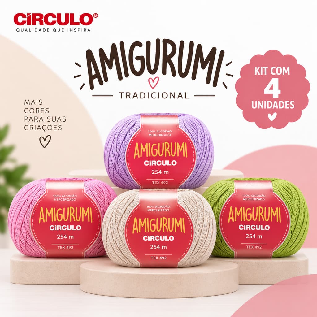 kit com 4uni linha amigurumi mercerizado 125g 254m 100% algodão | Fio Círculo para crochê e tricô