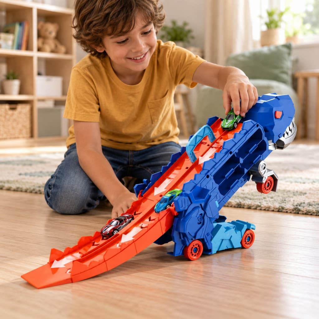 Caminhão Cegonha Infantil com Pista Lançadora Dinossauro + 4 Carrinhos Liga Metálica Brinquedo Educativo