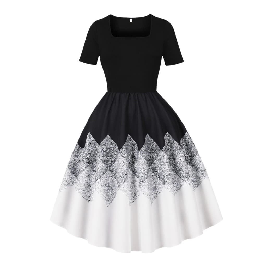 Preto branco Retro vestido de festa feminino manga curta pescoço quadrado vestido de festa à noite elegante vestido de c