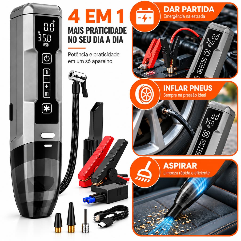Auxiliar de Partida 12V Portátil , Compressor de Ar 150PSI, Aspirador de Pó Automotivo e Lanterna LED SOS