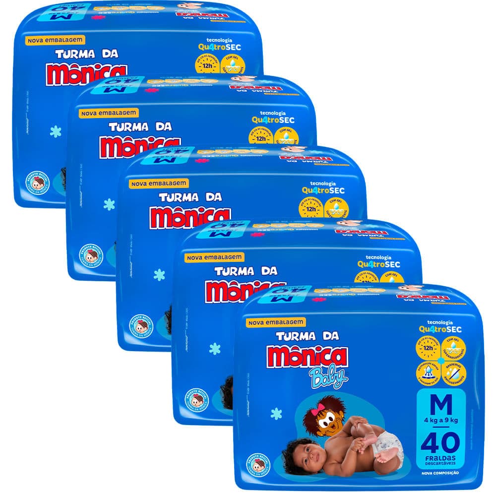 Kit 5 Fraldas Turma Da Mônica Mega M - 200 Tiras