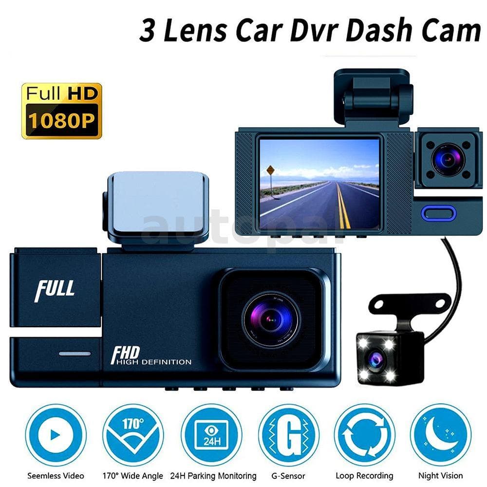 2-Polegada Tela IPS Carro Traço Cam Três Lentes Frente + Interior + Traseiro Gravador De Condução Do G-sensor Loop Grava