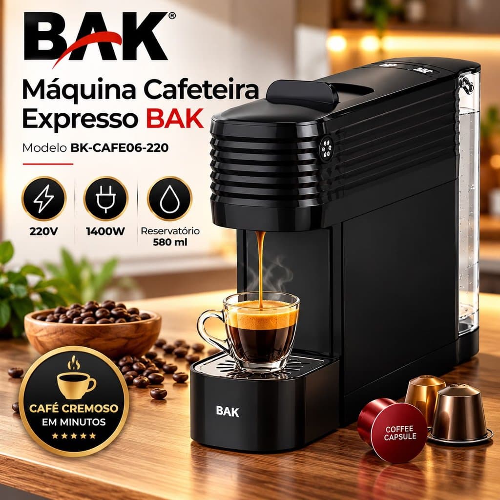 Cafeteira Expresso BAK 220V 1400W Cápsulas Reservatório 580ml Preta