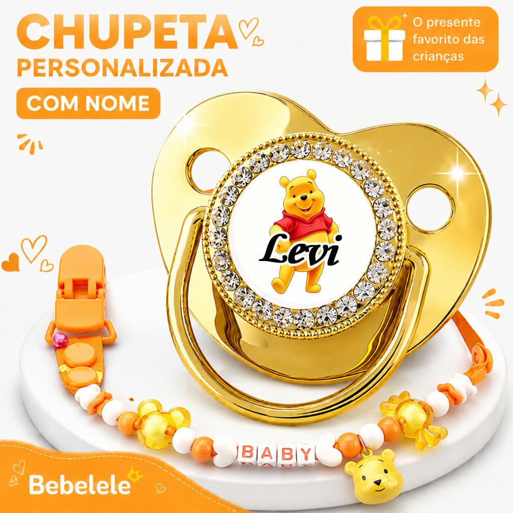 Chupeta Personalizada para Bebê na Cor Dourada com Nome - Kit de Chupeta + Suporte com Corrente Brilhante &23123