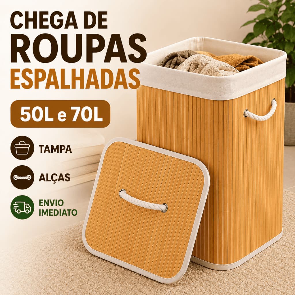 Cesto de Roupa Bambu 50L 70L Com Tampa Dobrável Lavanderia Banheiro Organizador