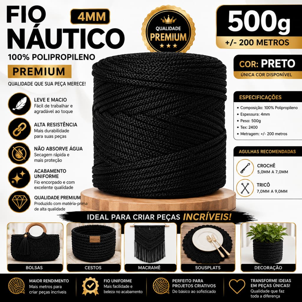 Fio Náutico Preto 4mm 500g para Crochê | Barbante Premium 100% Polipropileno para Bolsas, Sousplat, Macramê e Decoração
