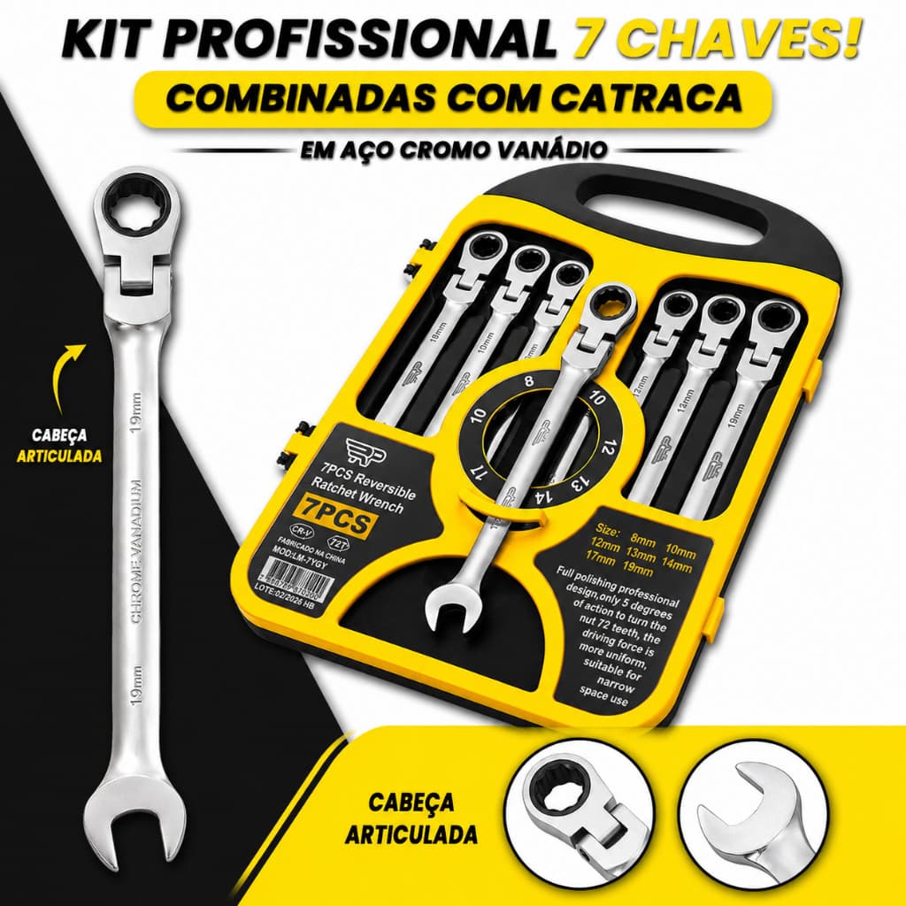 Kit Jogo de Chaves Cabeça Articulada Combinadas Catraca 72 Dentes 7 Peças Aço Cr-V Profissional