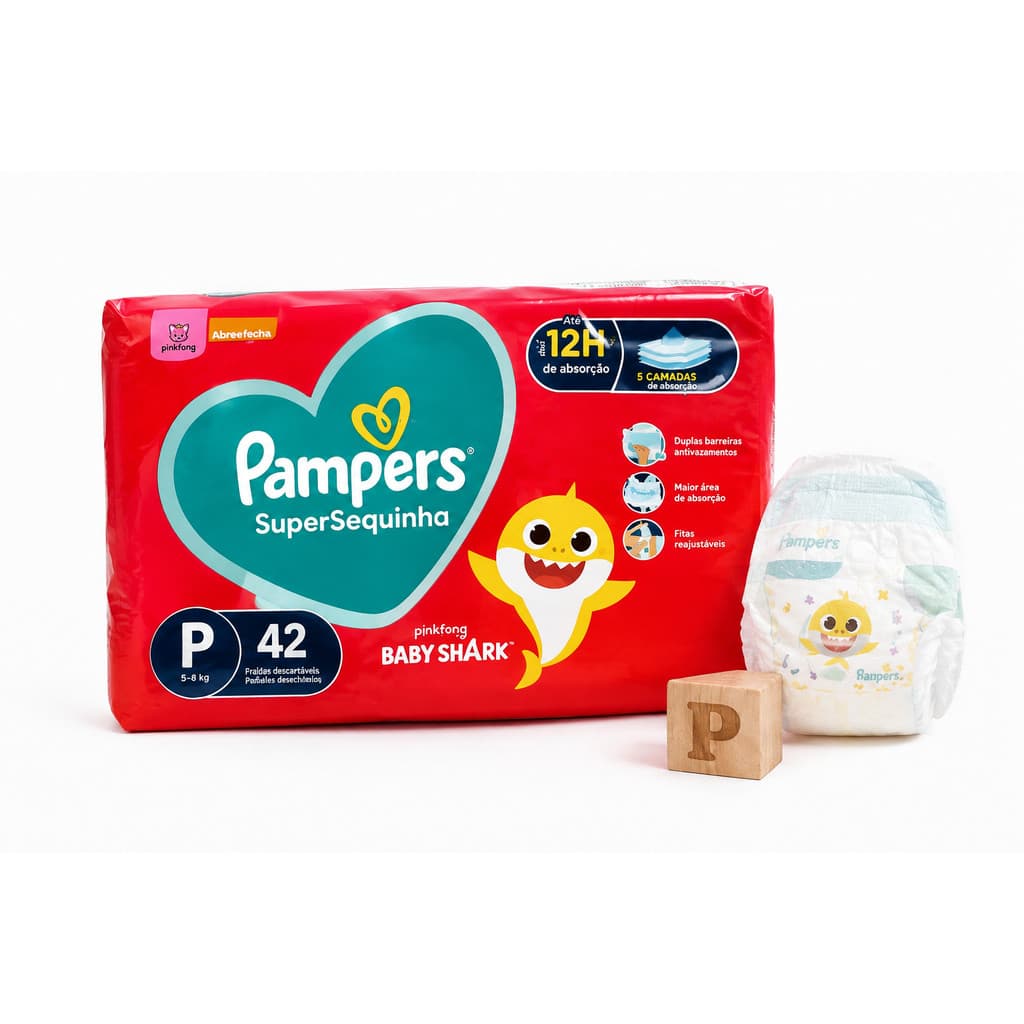 Fralda Pampers SuperSequinha P 42 Un 5-8kg Baby Shark Até 12h de Absorção