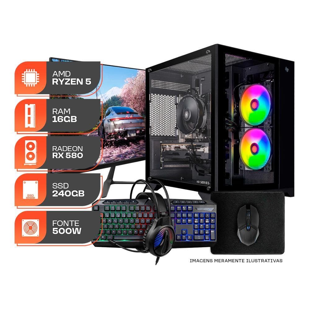 PC Gamer Forge, AMD Ryzen 5 5500, RX 580 8GB, 16GB DDR4, SSD 240GB, Completo com Monitor 23" 180Hz e Periféricos