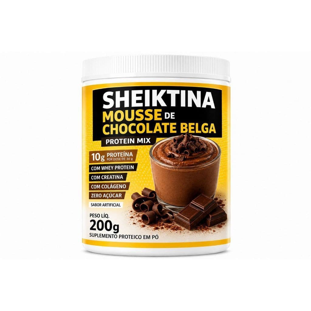 1 Sheiktina Mousse de Chocolate Belga – Suplemento Proteico em Pó com Whey Protein, Creatina e Colágeno | Zero Açúcar