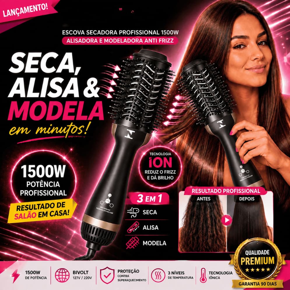 Escova Secadora 3 em 1 1500W Bivolt Iônica Alisadora Modeladora Anti Frizz - Prancha de Cabelo Profissional