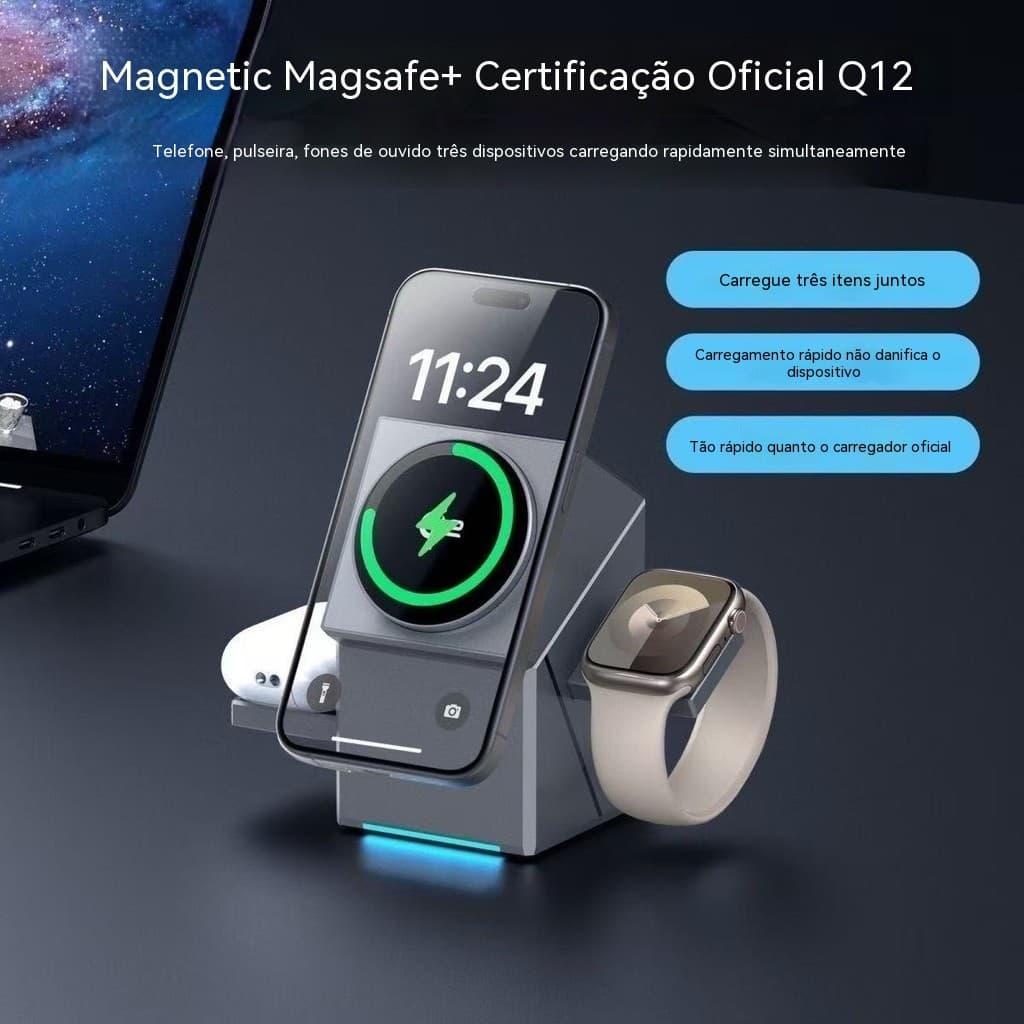 Suporte de Telefone para Carro, Cubo Geométrico Rotativo, Carregador Sem Fio de Mesa 3 em 1, Magsafe, Magnético Forte, S