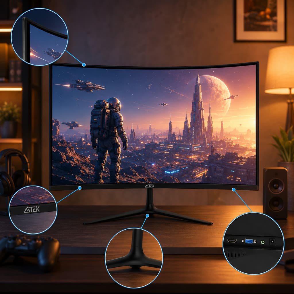 Monitor Gamer 100Hz 3ms Curvo 23,8 Full HD Painel VA AMD FreeSync HDMI VGA VESA 75x75 LED Aitek