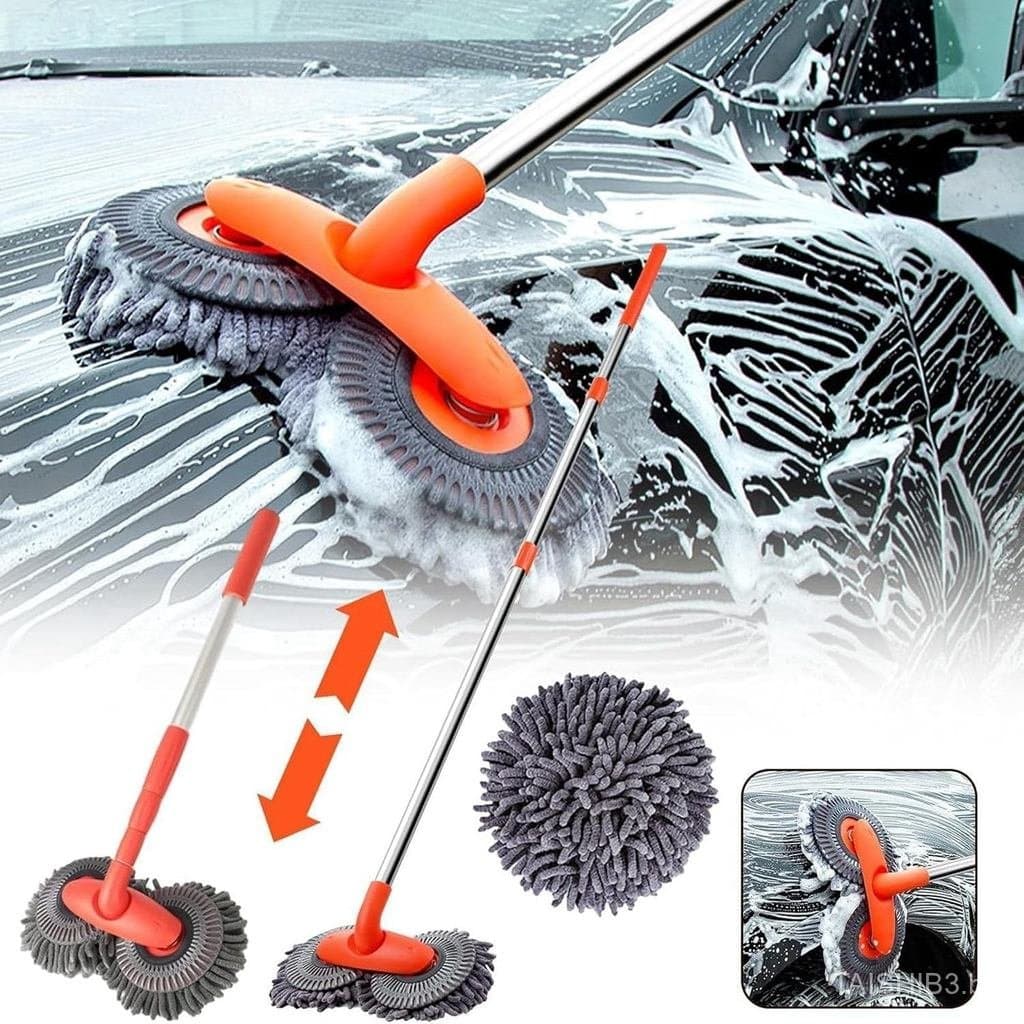 Escova para Lavagem de Carro com Cabo Longo - Kit de Limpeza de Carro com Cabo Longo Rotativo, Escova e Pano de Limpeza 