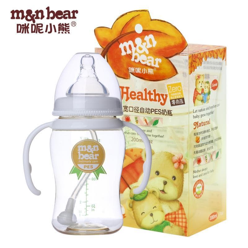 Miu Bear Mamadeira para bebê recém-nascido Aperto para bebê de grande calibre Material PES automático com alça de palha 