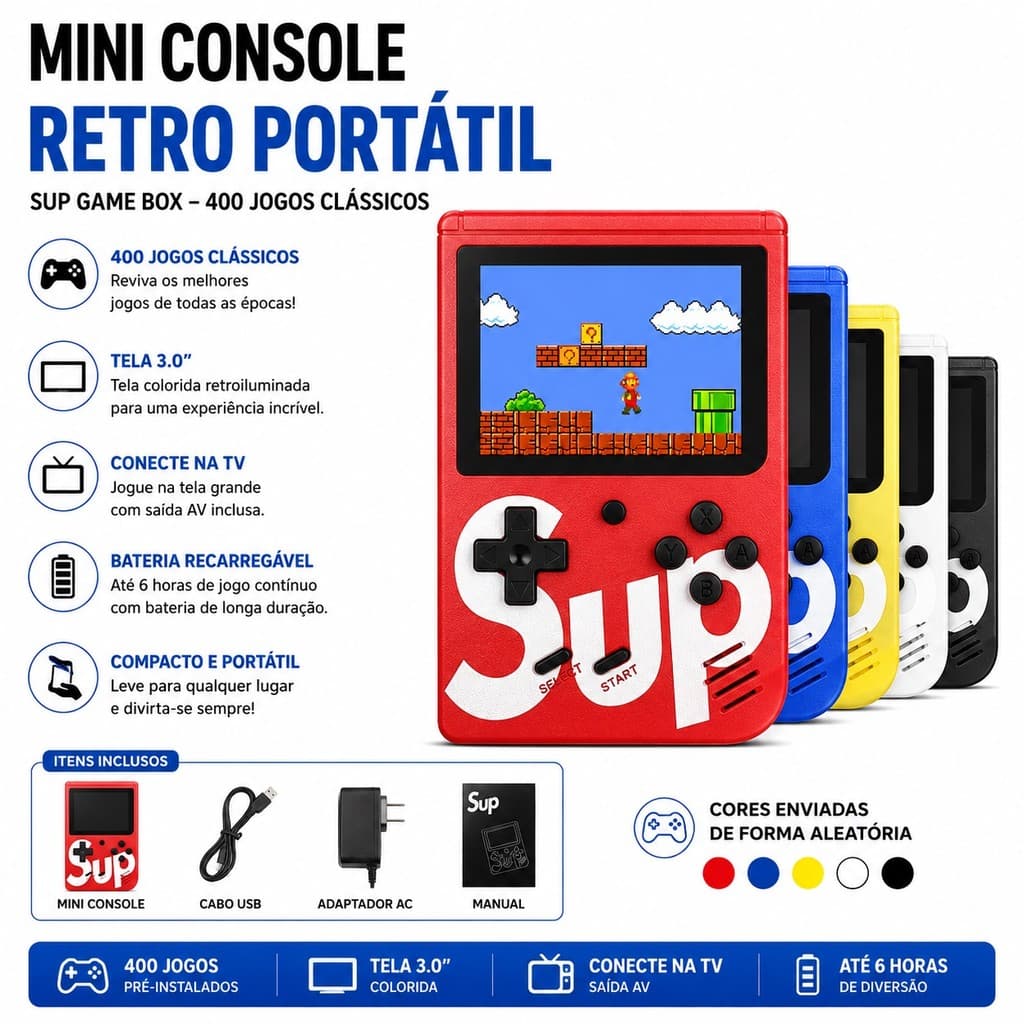 Mini Vídeo Game Nintendo Vídeo Portátil 400 Jogos Sup Retrô Clássicos Antigos Anos 80