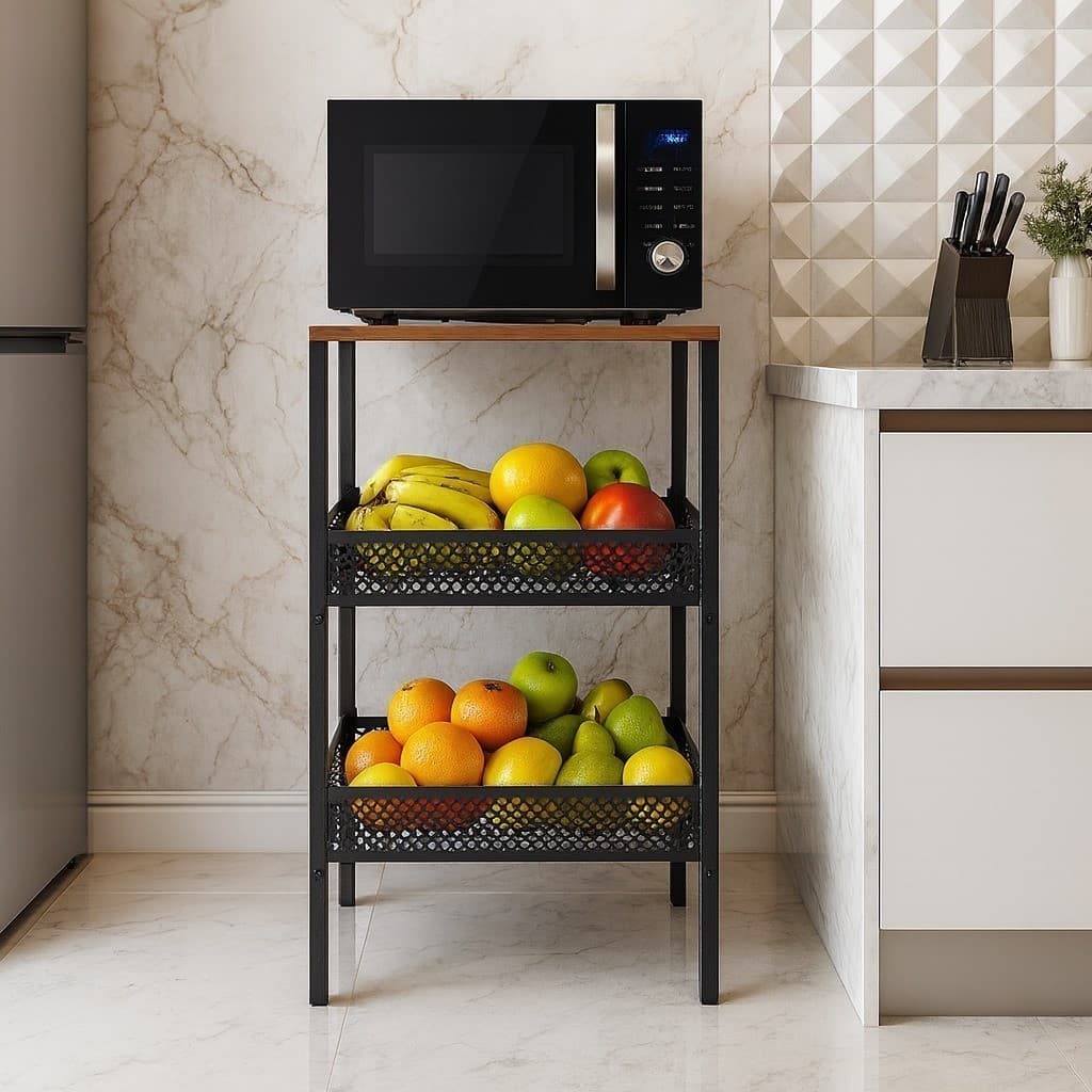 Fruteira 2 Cestos Multiuso em Aço com Tampo MDF Organizador para Cozinha Reforçada