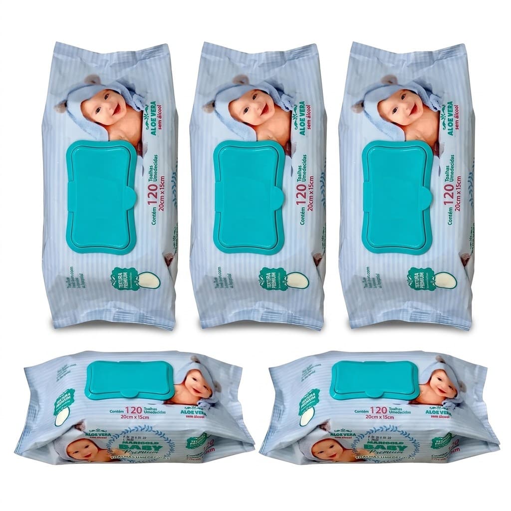 Kit Toalhas Umedecidas Marigold Baby Premium 5 Pacotes ou Sensitive RN 3 Pacotes 120 Folhas Tampa Lenço Umedecido Bebê