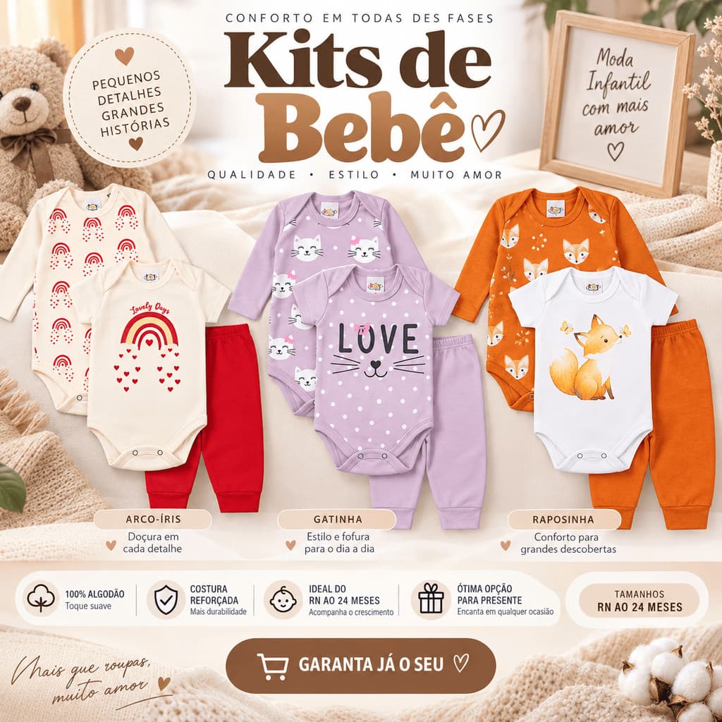 Kit Enxoval Menina 9 Peças Body e Mijão Algodão Macio Ideal Maternidade Presente Bebê RN