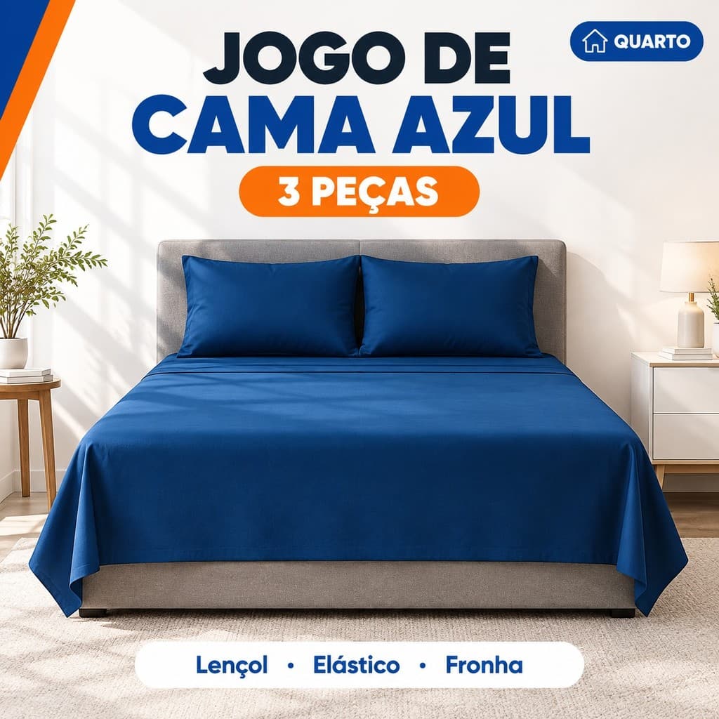 Jogo de Cama Azul 400 Fios com Lencol Ajustavel para Cama de Casal e Quarto Residencial Uso Domestico