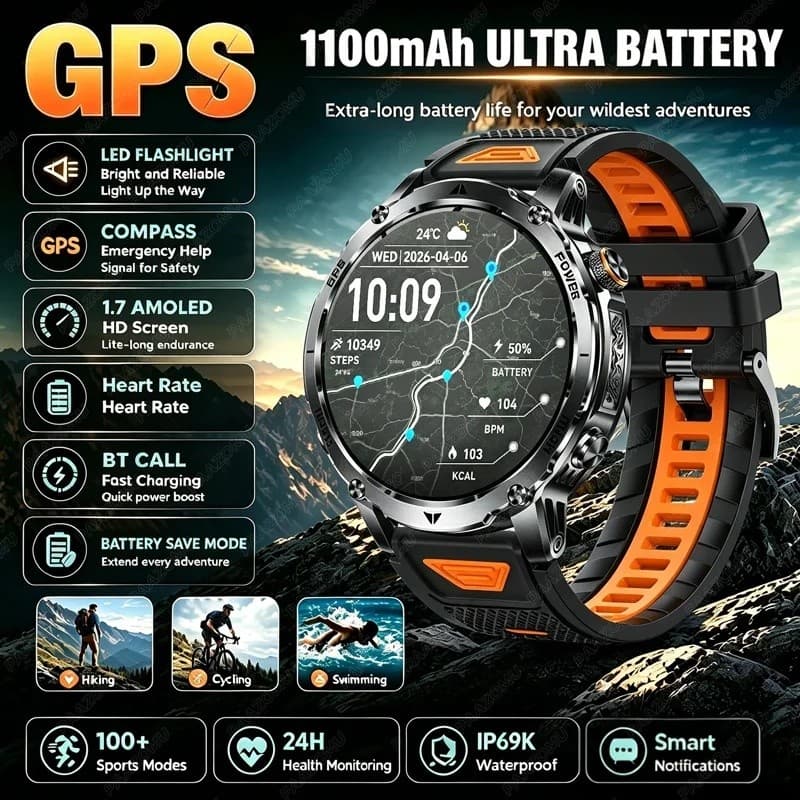 Tanque AK102 GPS Smartwatch Relógio Inteligente Ao Ar Livre Masculino Lanterna + Bússola SOS Chamada Bluetooth Relógios 